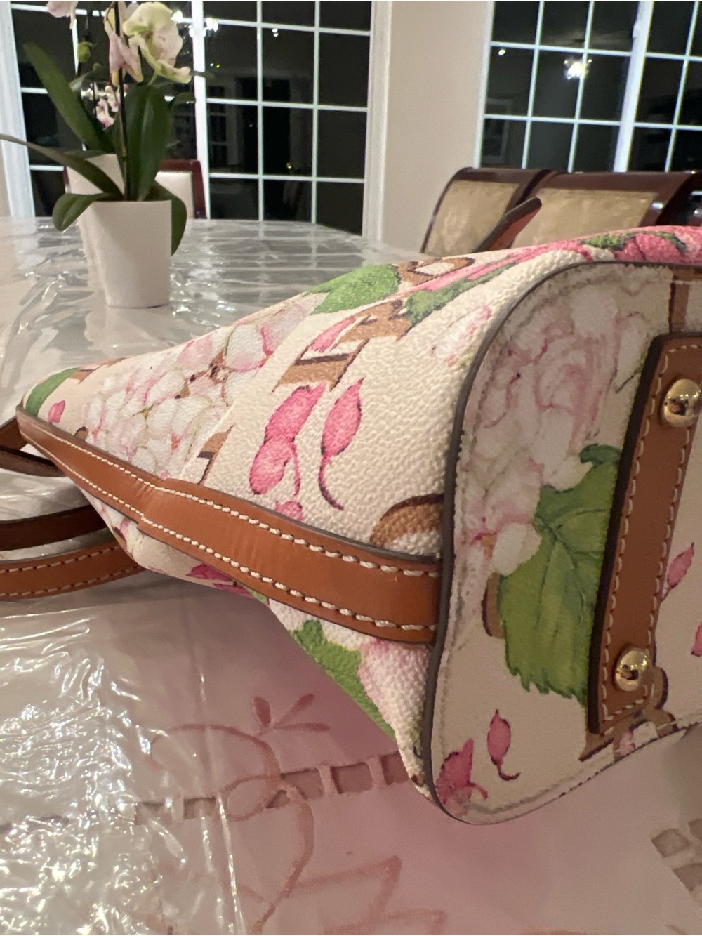Dooney & Bourke Hydrangea Floral Tote | Pink Blue DB Logo Spring Garden Bag - Picture 4 of 11